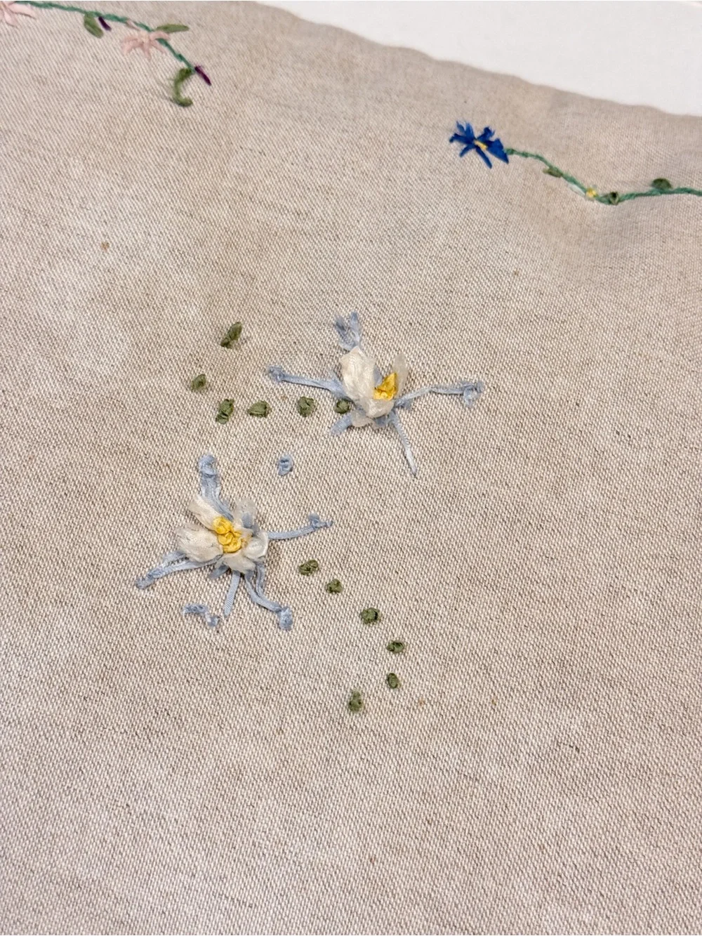Vintage Embroidered Floral Linen Throw Pillow - Neutral Beige